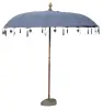 Product image 1 of the product “Bali umbrella , dark grey 1 with wooden coins and gold leaves hanging around the edge. Approx. 230cm dia. and 250cm height ”
